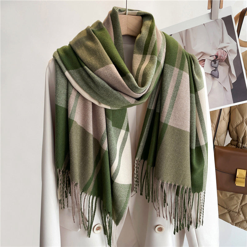 Écharpe Tricotée Plaid À Carreaux Avec Texture Cachemire Imité Longueur 200 Cm Et Franges Élégantes