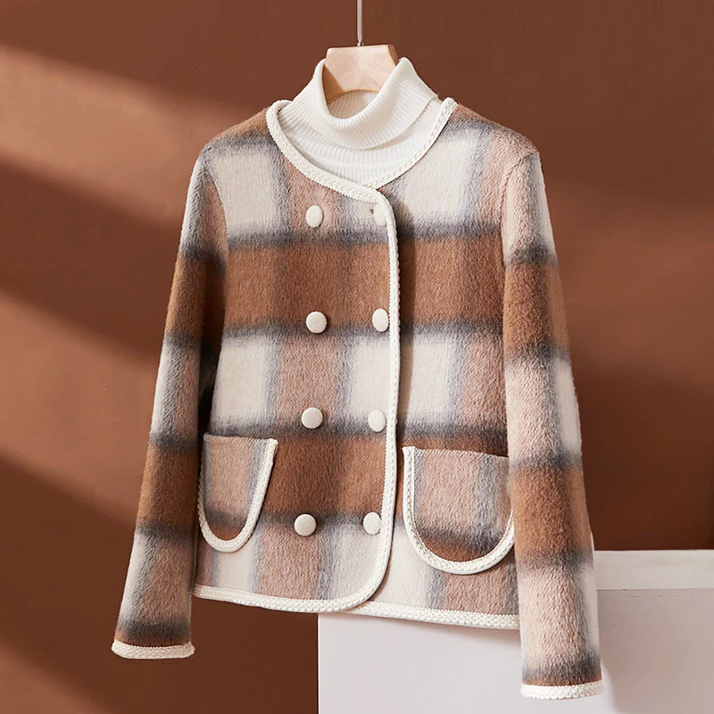 Veste Femme En Mélange De Laine À Carreaux Avec Bordure Contrastée Coupe Courte Et Boutonée Poches Frontales
