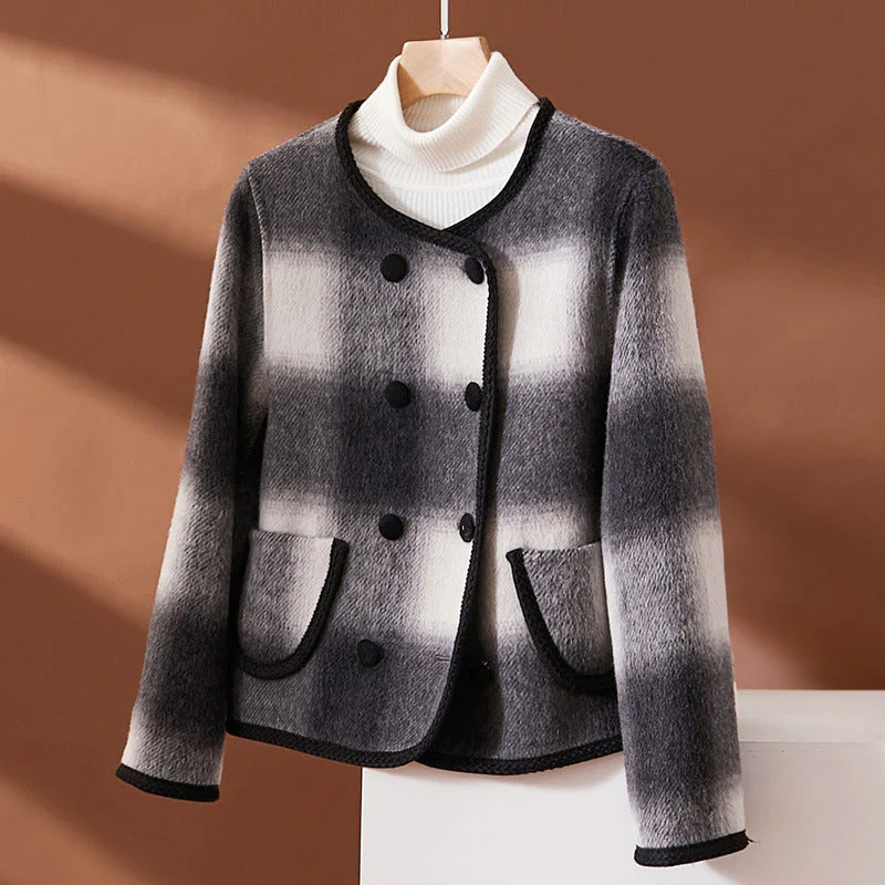 Veste Femme En Mélange De Laine À Carreaux Avec Bordure Contrastée Coupe Courte Et Boutonée Poches Frontales