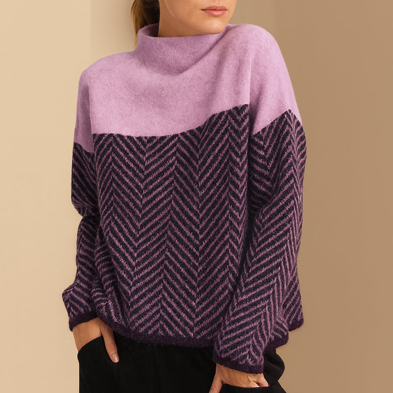Pull Femme Col Roulé Motif Chevron Tricot Doux Confortable Pour L Hiver Chic Et Décontracté