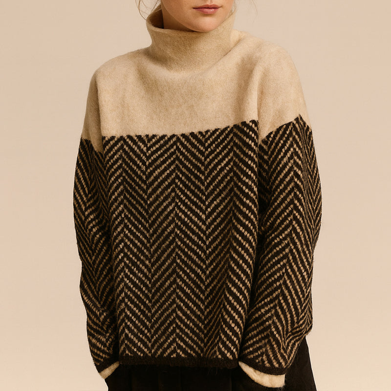 Pull Femme Col Roulé Motif Chevron Tricot Doux Confortable Pour L Hiver Chic Et Décontracté
