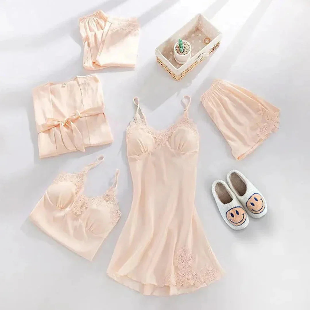 Ensemble Pyjama Satiné 5 Pièces Pour Femmes Avec Dentelle À Encolure Et Poignets Ornés
