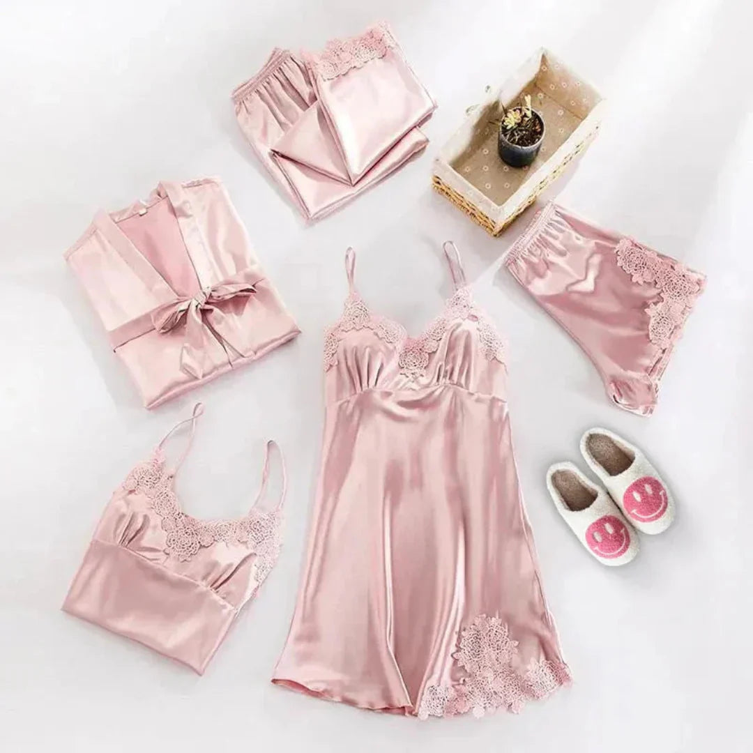Ensemble Pyjama Satiné 5 Pièces Pour Femmes Avec Dentelle À Encolure Et Poignets Ornés