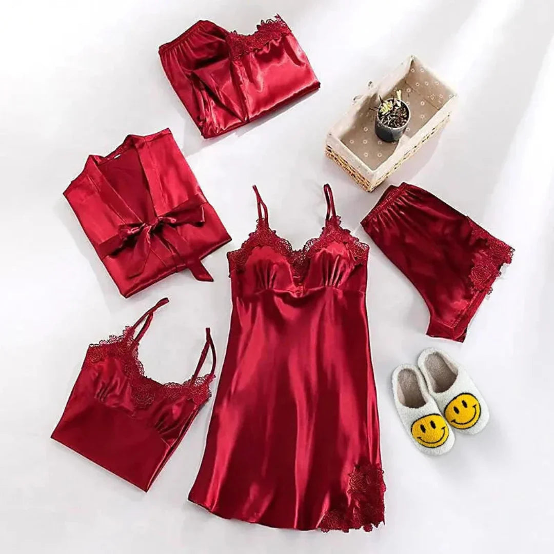Ensemble Pyjama Satiné 5 Pièces Pour Femmes Avec Dentelle À Encolure Et Poignets Ornés