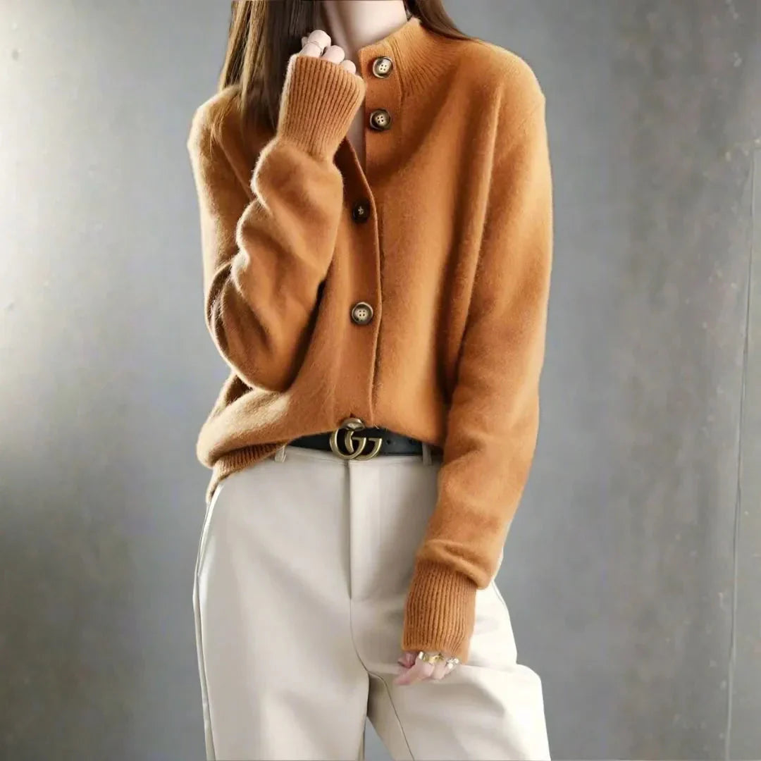 Cardigan En Cachemire Mélange À Boutons Audacieux Pour Femme Col Demi Haut Et Drapé Pour Un Style Quotidien Raffiné