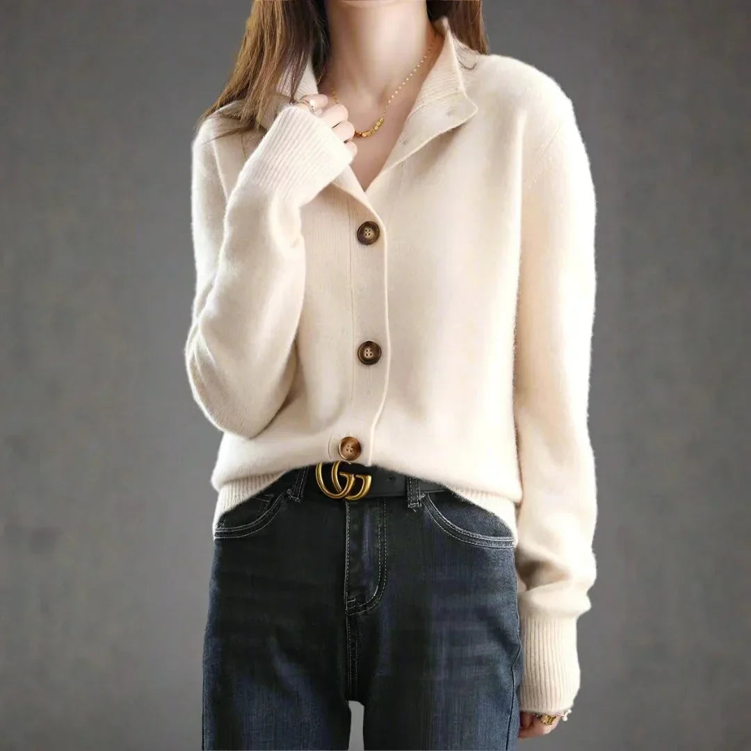 Cardigan En Cachemire Mélange À Boutons Audacieux Pour Femme Col Demi Haut Et Drapé Pour Un Style Quotidien Raffiné