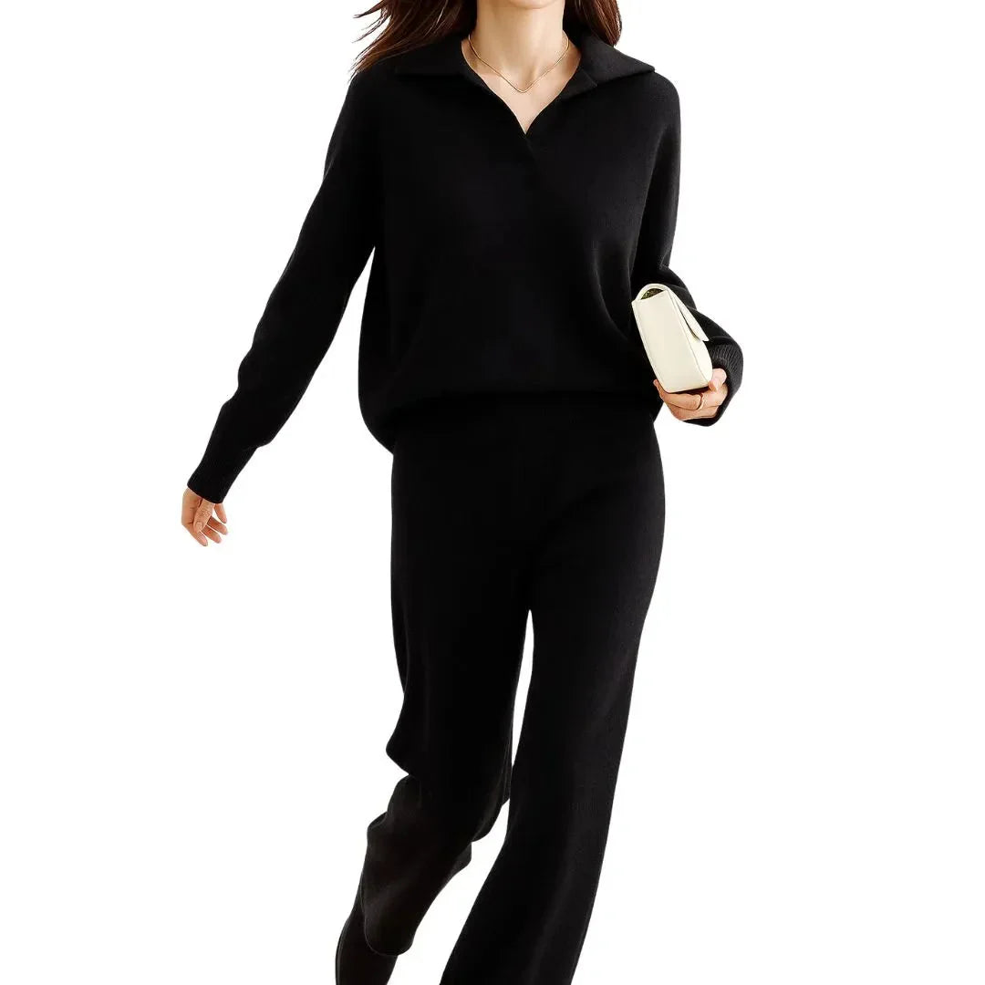 Ensemble Décontracté Pull Polo En Cachemire Pour Femme Et Pantalon Harem Taille Haute