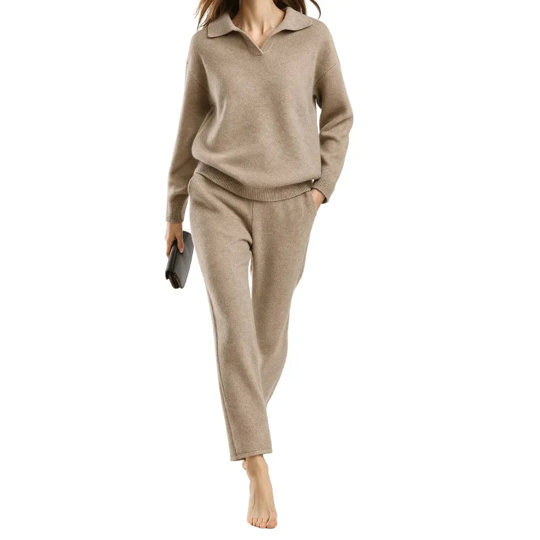 Ensemble Décontracté Pull Polo En Cachemire Pour Femme Et Pantalon Harem Taille Haute