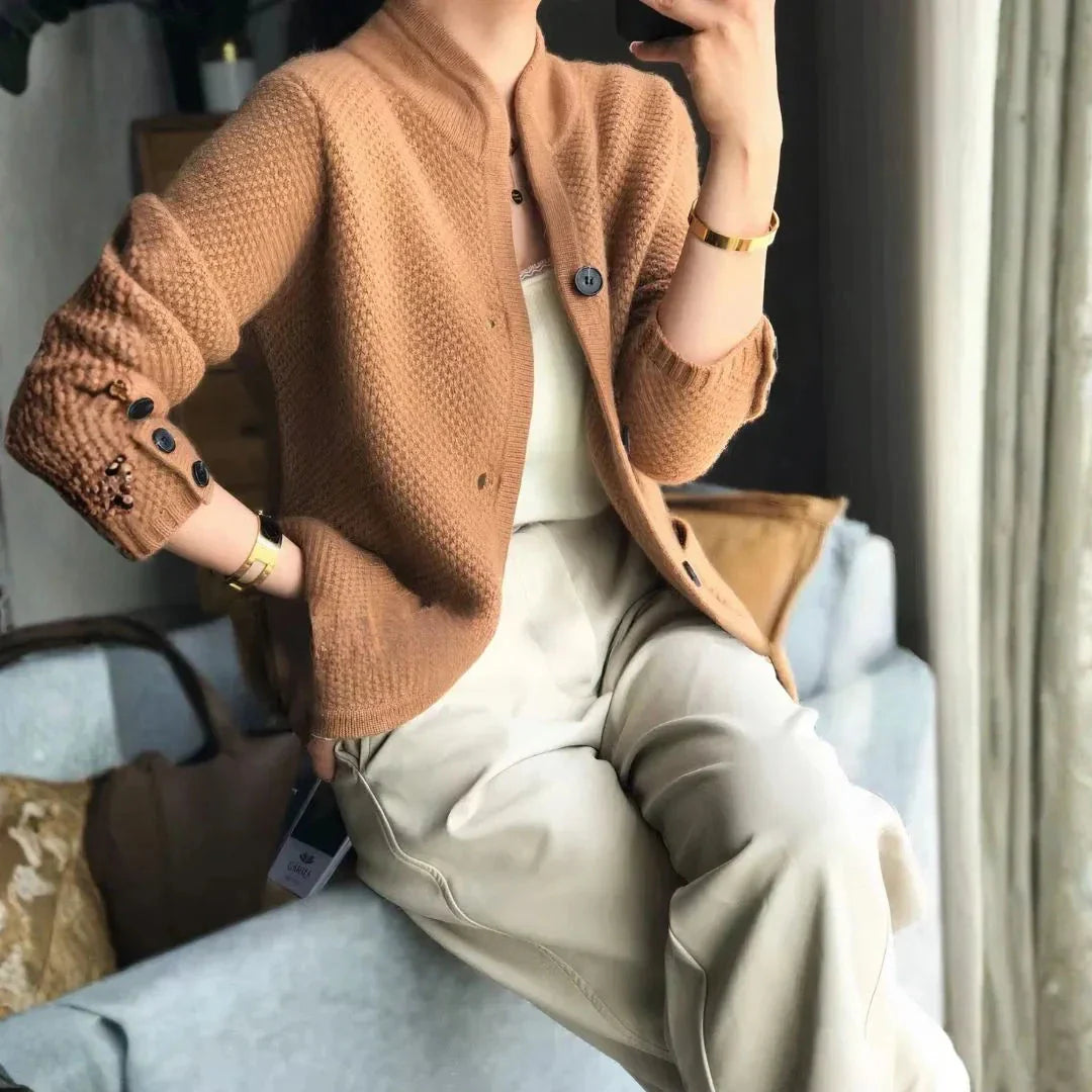 Cardigan En Cachemire Pur Pour Femmes À Boutons Avec Maille Texturée Et Poches Fonctionnelles