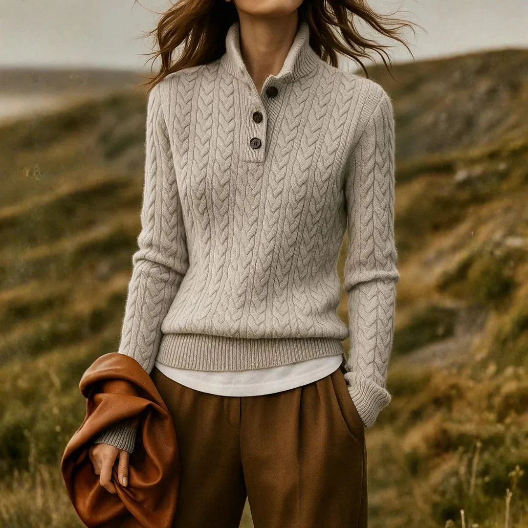 Pull Femme En Cachemire Mélangé Maille Câble Col Debout Boutonné Élégant Et Chaud Pour Hiver