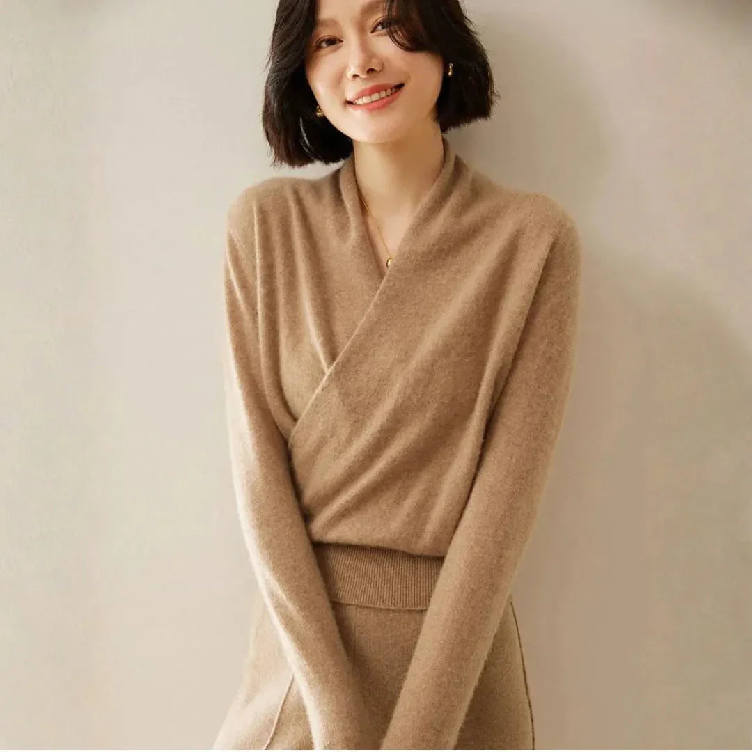 Pull Femme En Cachemire Croisé Col Raffiné Silhouette Lisse Et Chaleur Respirante