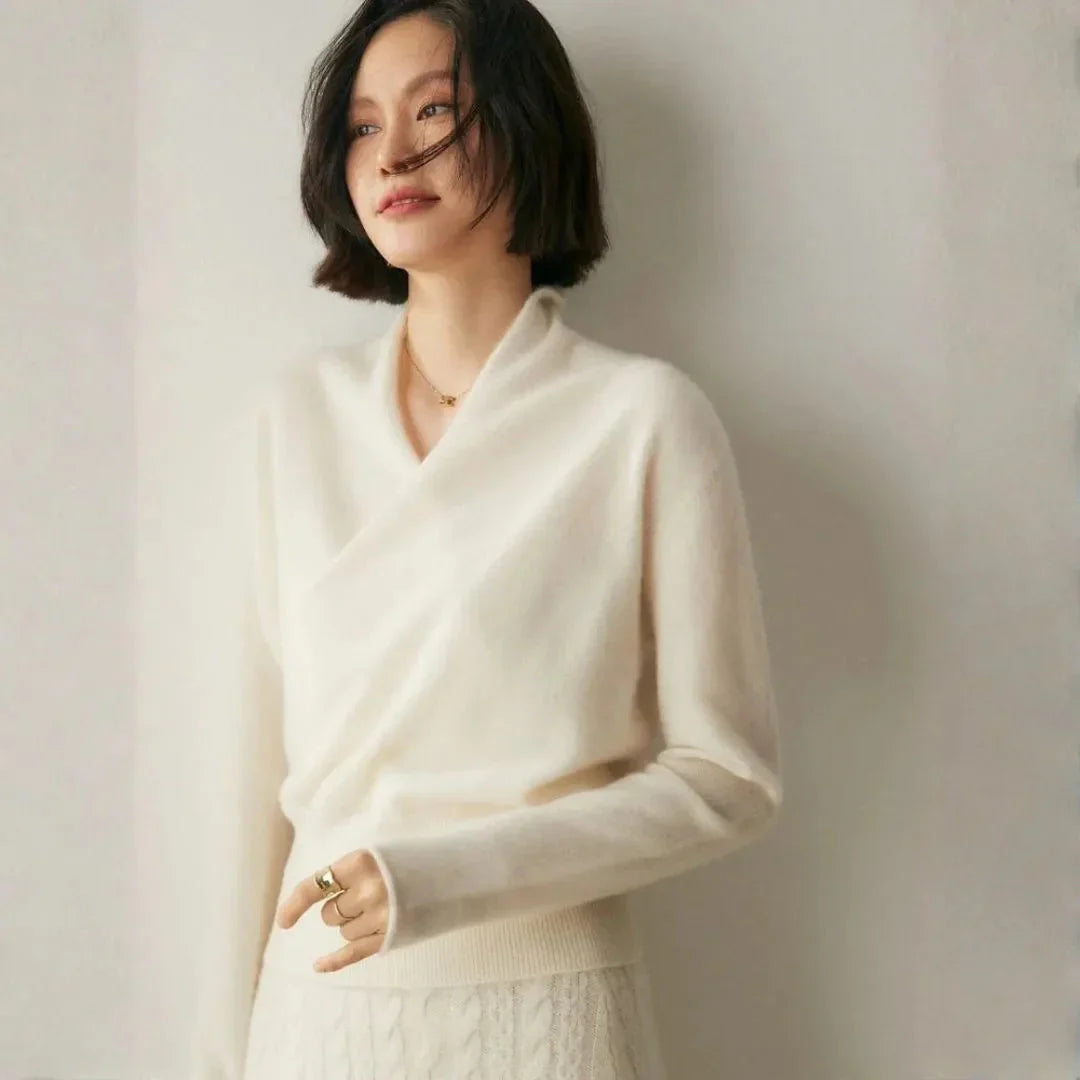 Pull Femme En Cachemire Croisé Col Raffiné Silhouette Lisse Et Chaleur Respirante
