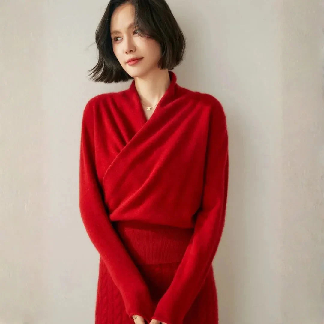 Pull Femme En Cachemire Croisé Col Raffiné Silhouette Lisse Et Chaleur Respirante