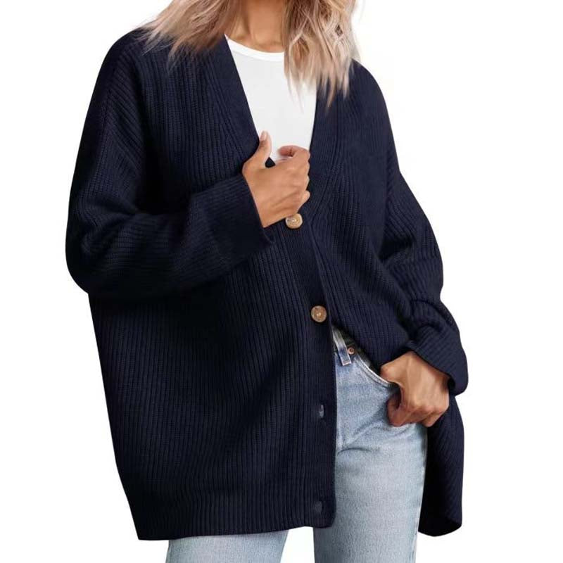 Cardigan Femme Oversize Coupe Décontractée Tricot Côtelé Boutonné Manche Longue en Couche Chaud Confortable