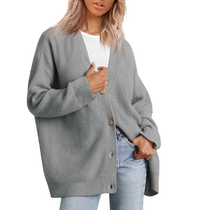 Cardigan Femme Oversize Coupe Décontractée Tricot Côtelé Boutonné Manche Longue en Couche Chaud Confortable