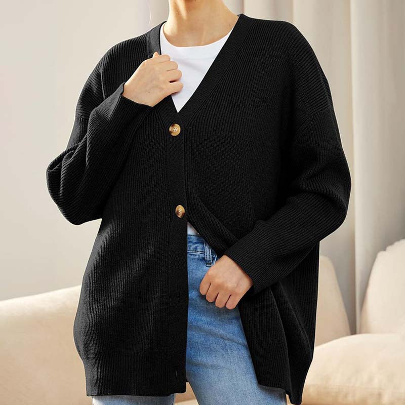 Cardigan Femme Oversize Coupe Décontractée Tricot Côtelé Boutonné Manche Longue en Couche Chaud Confortable