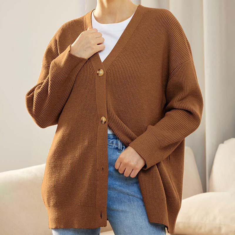 Cardigan Femme Oversize Coupe Décontractée Tricot Côtelé Boutonné Manche Longue en Couche Chaud Confortable