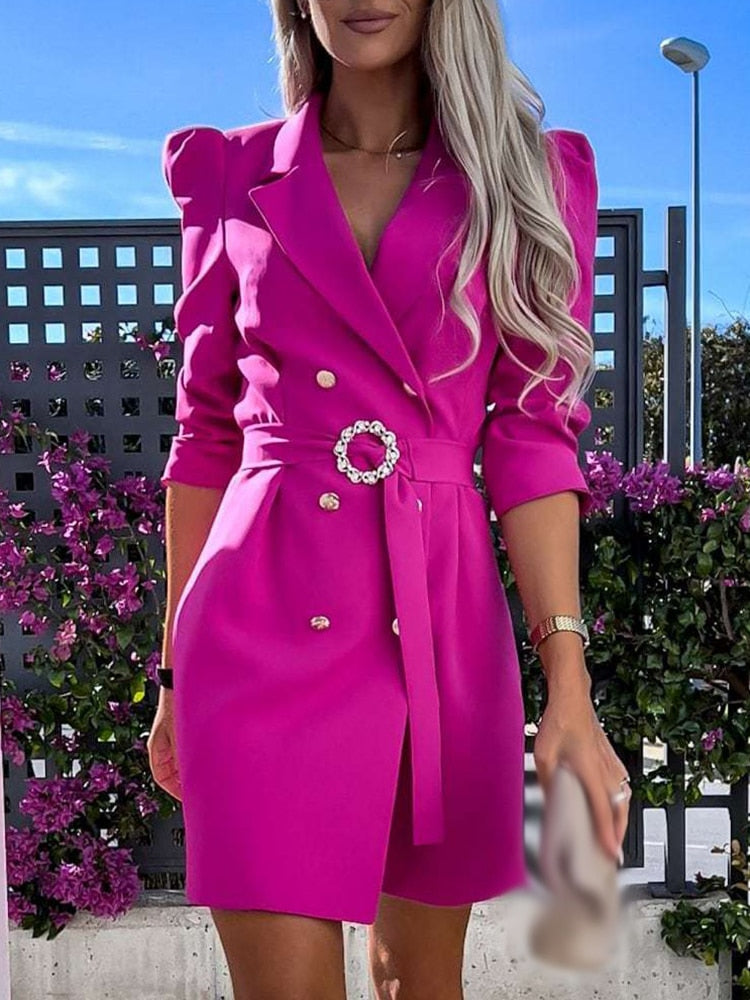 Robe Blazer Femme Couture Coupe Ajustée Col Revers Ceinture Taille Style Formel Pour Femme