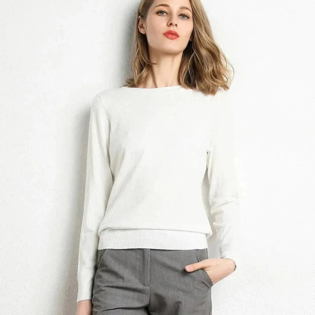 Pull Femme en Cachemire Classique Ultra Doux avec Col Rond et Bordures Cotelees Polyvalent pour Bureau Soiree