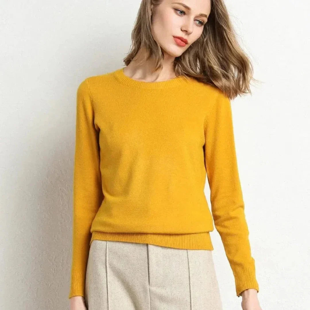 Pull Femme en Cachemire Classique Ultra Doux avec Col Rond et Bordures Cotelees Polyvalent pour Bureau Soiree
