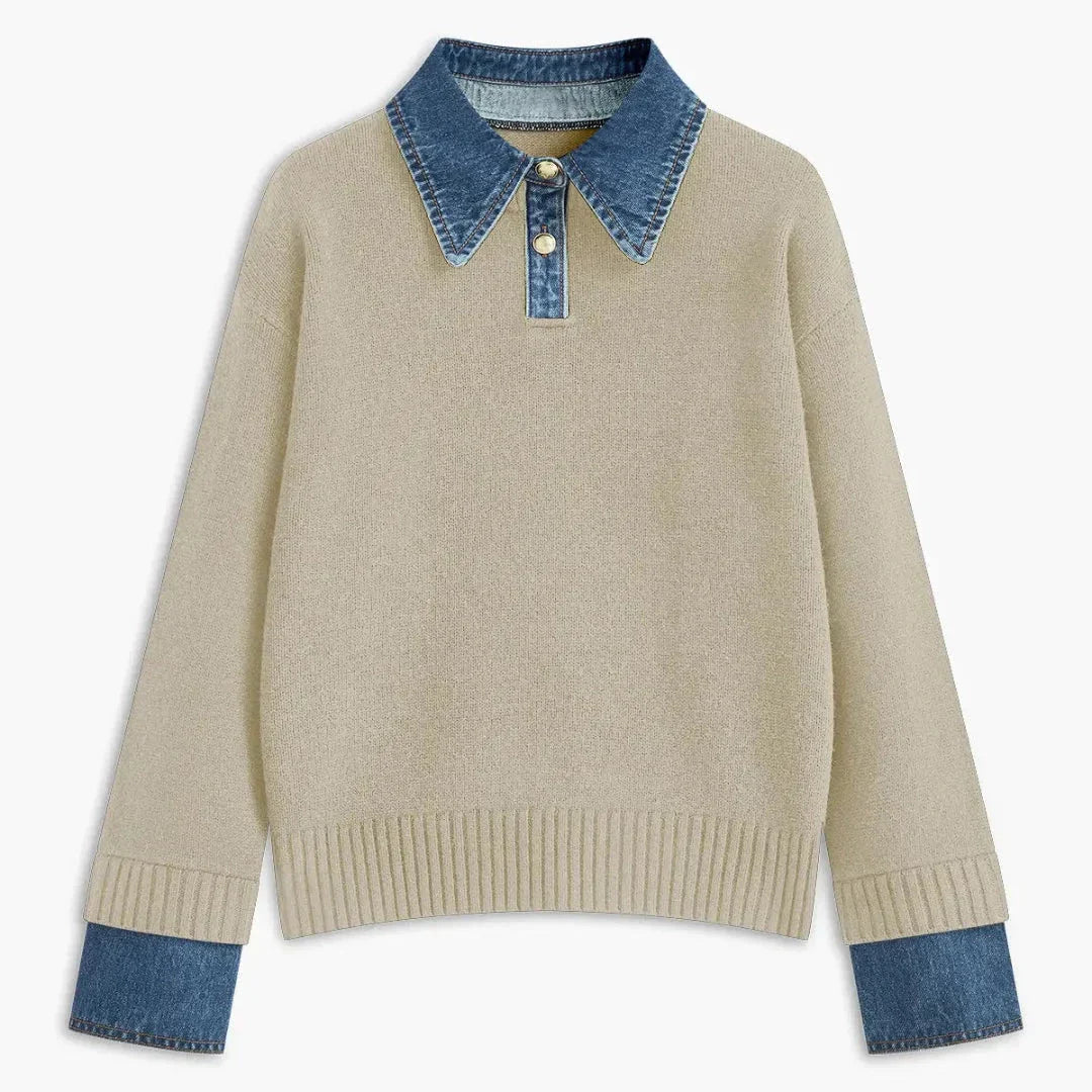 Pull Femme Col Denim Et Poignets En Denim Avec Boutons Frontaux Pour Un Style Décontracté Et Moderne