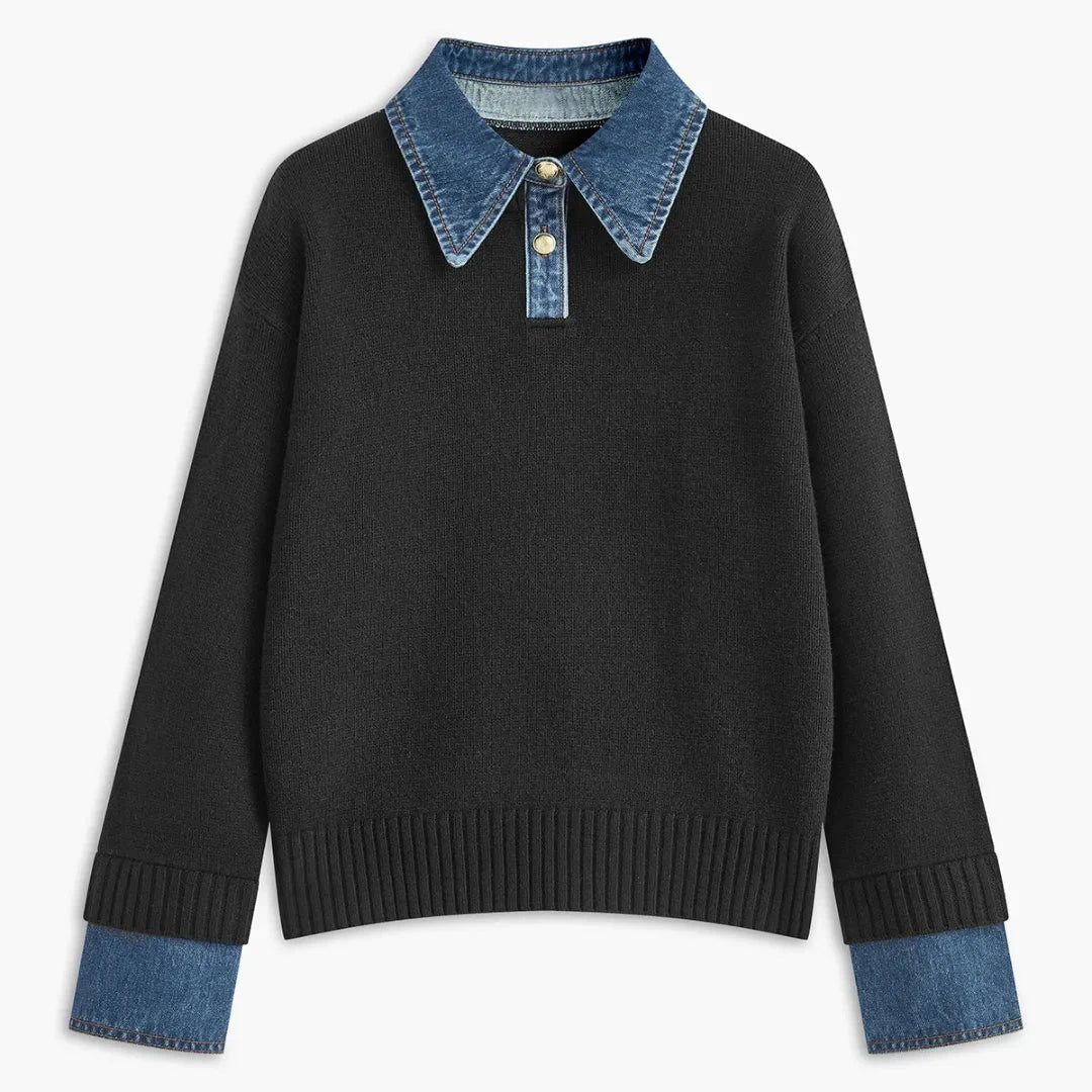 Pull Femme Col Denim Et Poignets En Denim Avec Boutons Frontaux Pour Un Style Décontracté Et Moderne