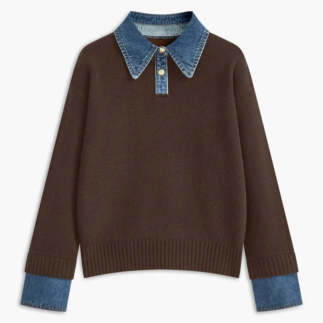 Pull Femme Col Denim Et Poignets En Denim Avec Boutons Frontaux Pour Un Style Décontracté Et Moderne