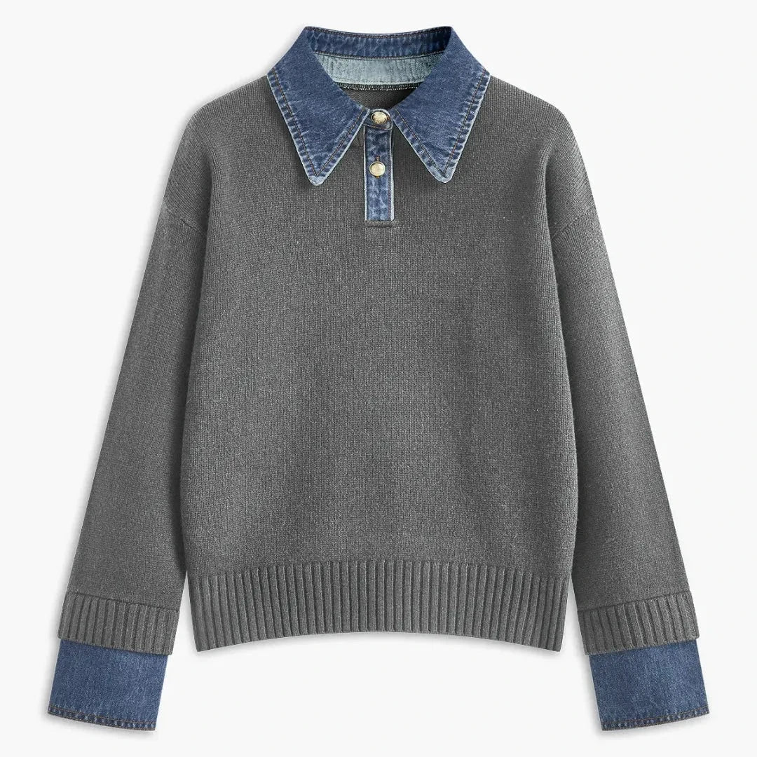 Pull Femme Col Denim Et Poignets En Denim Avec Boutons Frontaux Pour Un Style Décontracté Et Moderne