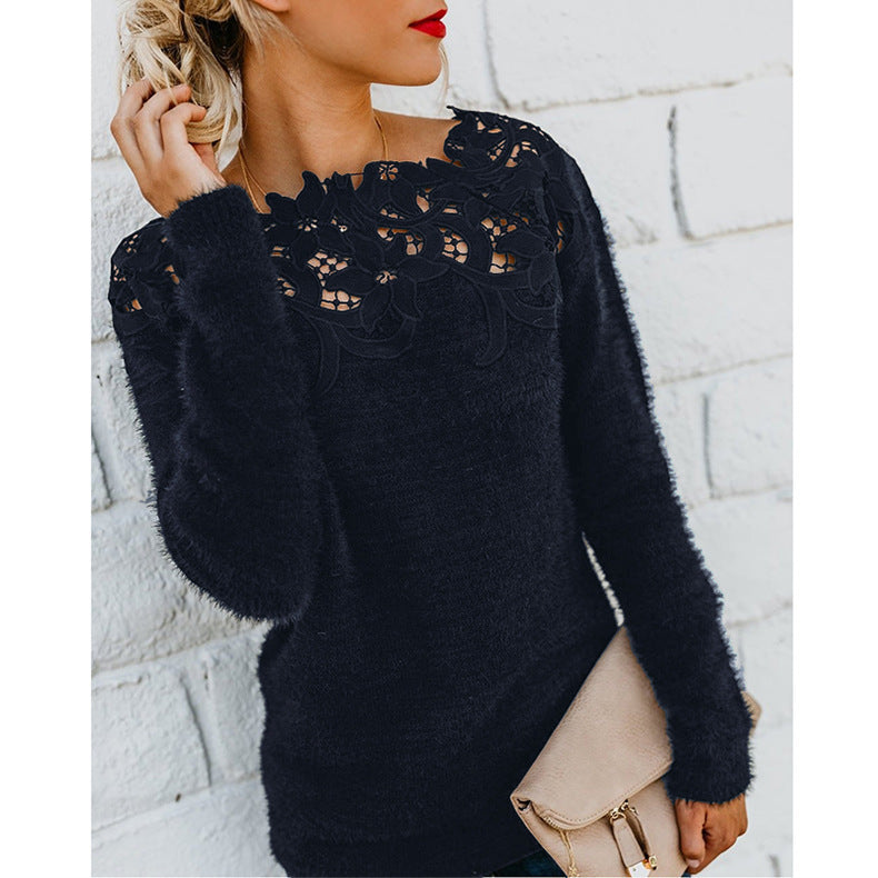 Blair Pull Femme En Maille Hivernale A Manches Longues Avec Broderie Florale Au Col