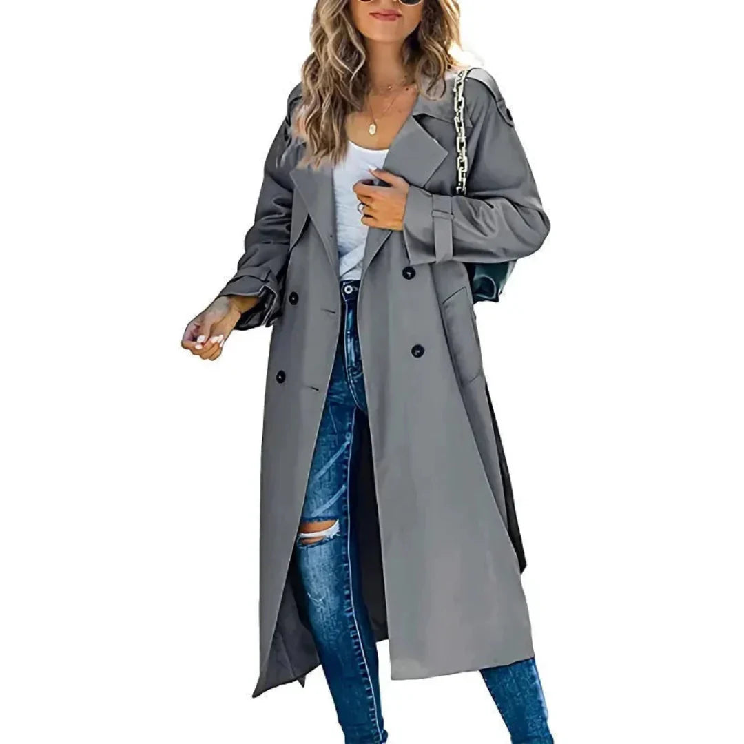Manteau Trench Long Femme Double Boutonnage Ceinture Ajustable Coupe Décontractée