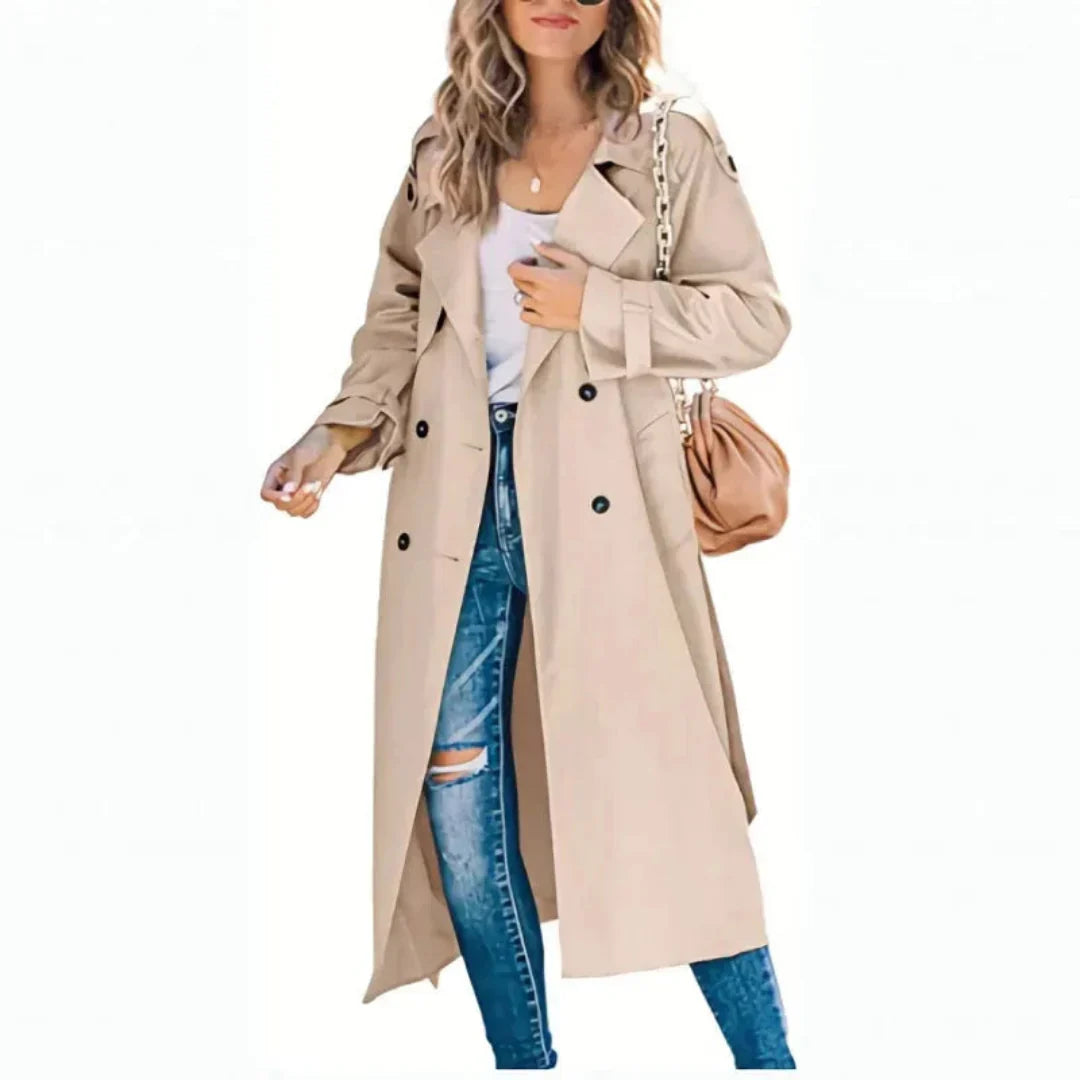 Manteau Trench Long Femme Double Boutonnage Ceinture Ajustable Coupe Décontractée