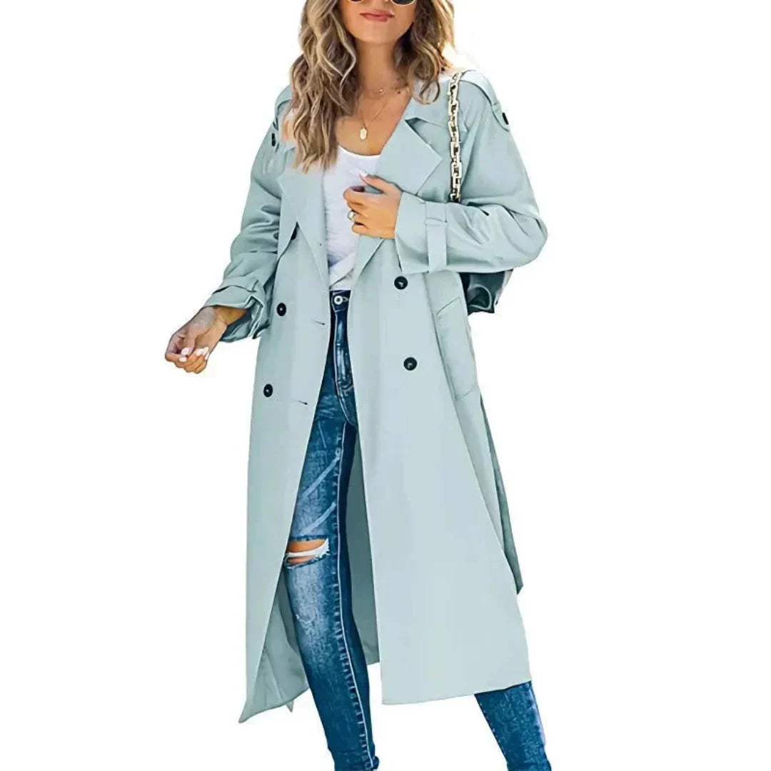 Manteau Trench Long Femme Double Boutonnage Ceinture Ajustable Coupe Décontractée