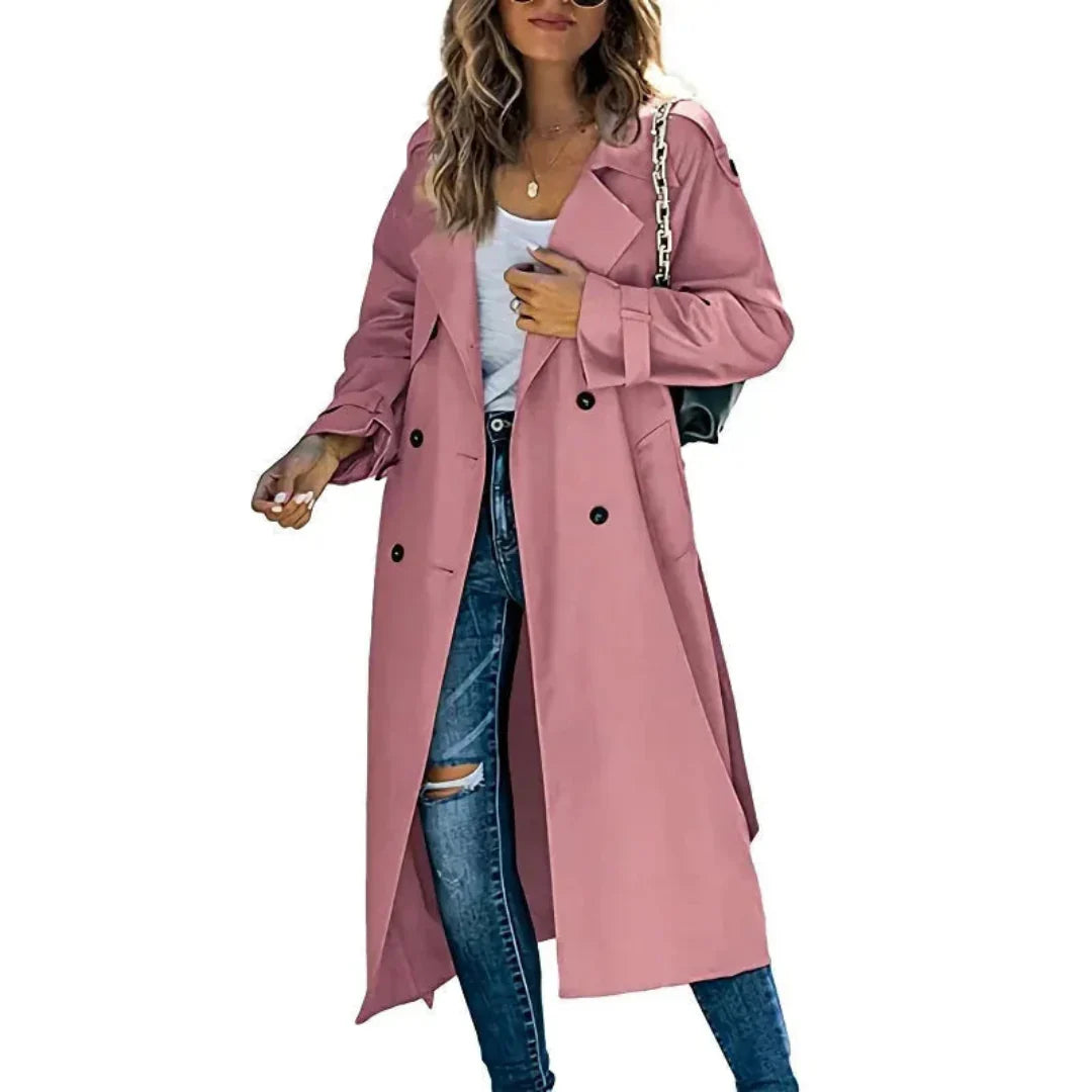 Manteau Trench Long Femme Double Boutonnage Ceinture Ajustable Coupe Décontractée