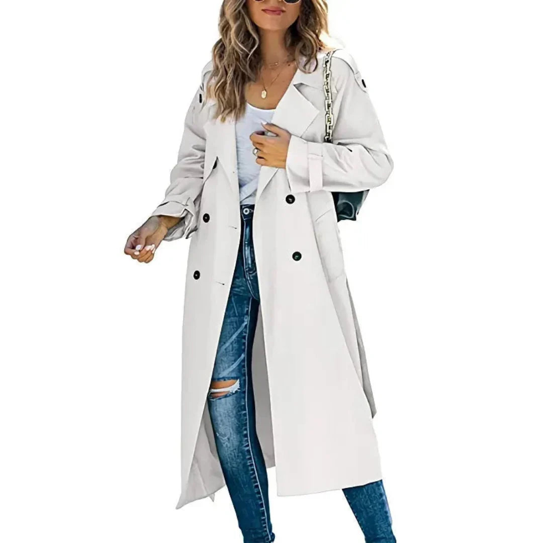 Manteau Trench Long Femme Double Boutonnage Ceinture Ajustable Coupe Décontractée
