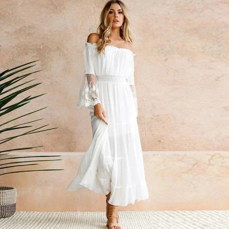 Robe Maxi En Dentelle Blanche À Épaules Dénudées Idéale Pour Mariages Jardin Plage Amawinc Celeste