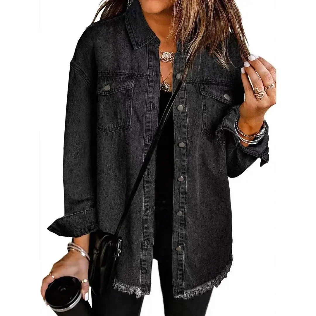 Veste Chemise Denim Oversize Pour Femmes Avec Poches Poitrine Et Ourlet Effiloché En Coton Doux