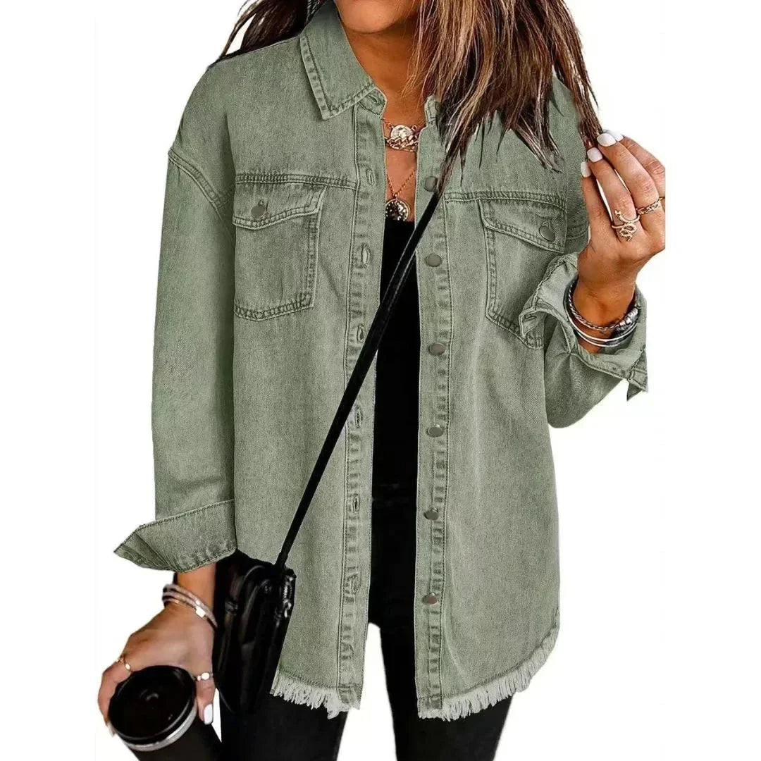 Veste Chemise Denim Oversize Pour Femmes Avec Poches Poitrine Et Ourlet Effiloché En Coton Doux