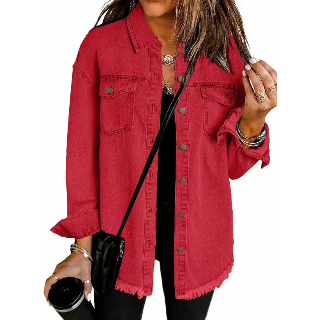 Veste Chemise Denim Oversize Pour Femmes Avec Poches Poitrine Et Ourlet Effiloché En Coton Doux