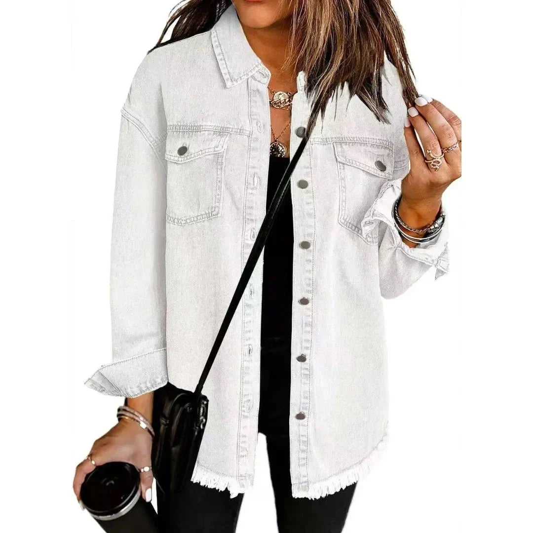 Veste Chemise Denim Oversize Pour Femmes Avec Poches Poitrine Et Ourlet Effiloché En Coton Doux