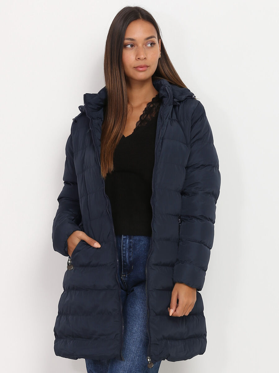 Manteau Matelassé Femme Décontracté Longueur Mi Cuisses Capuche Poches Zippées Pour Automne Hiver