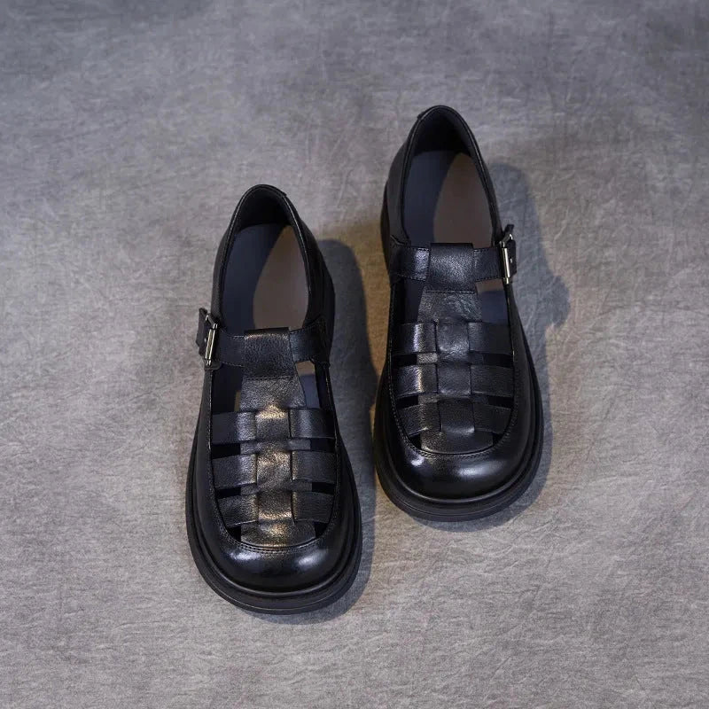 Sandales Romaines À Talon Bas En Cuir Véritable Pour Femmes Avec Tissage Ouvert Et Semelle Confort