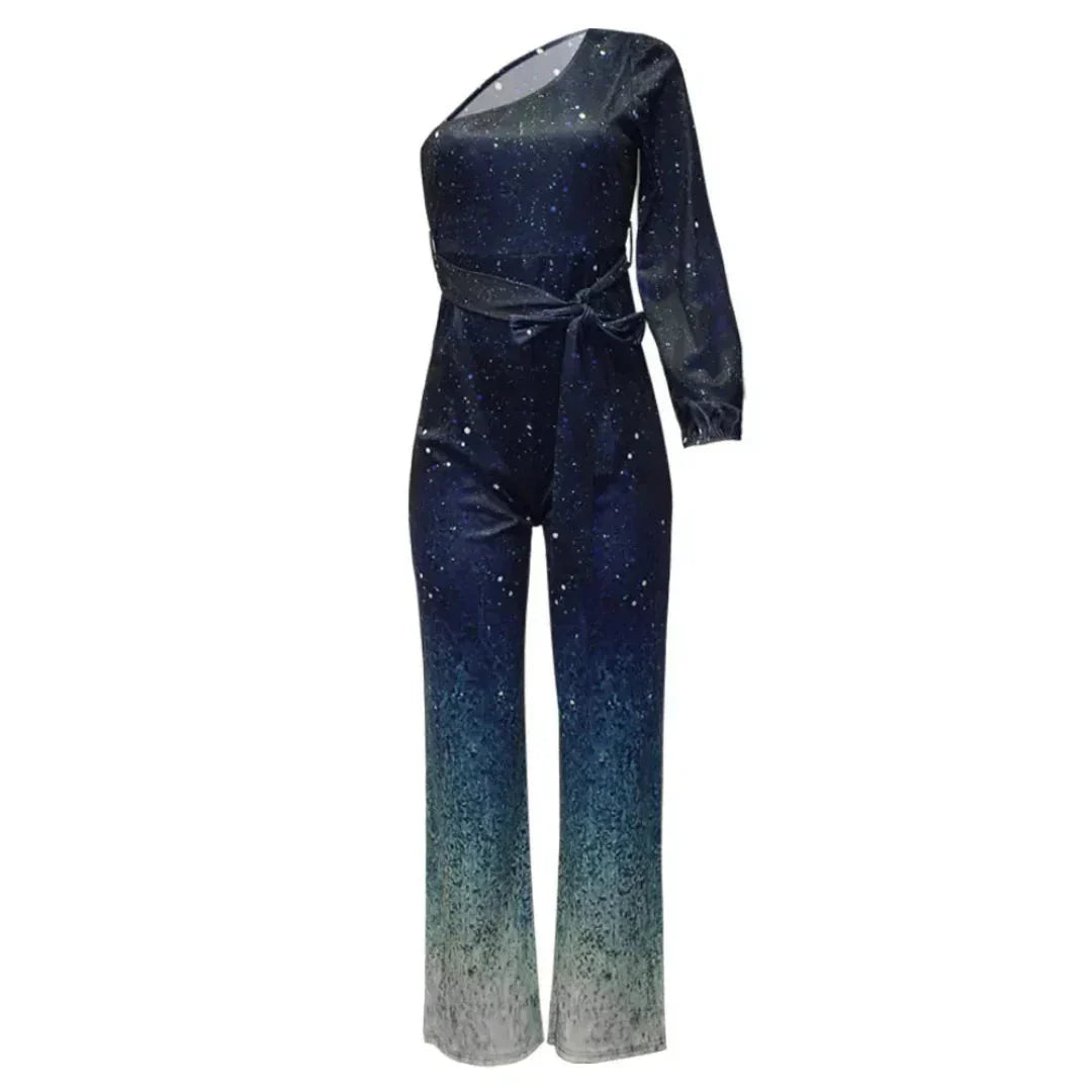 Combinaison Femme Ombre Étincelante à Une Épaule Manches Drapées et Pantalon Large Fluide Taille Ajustable