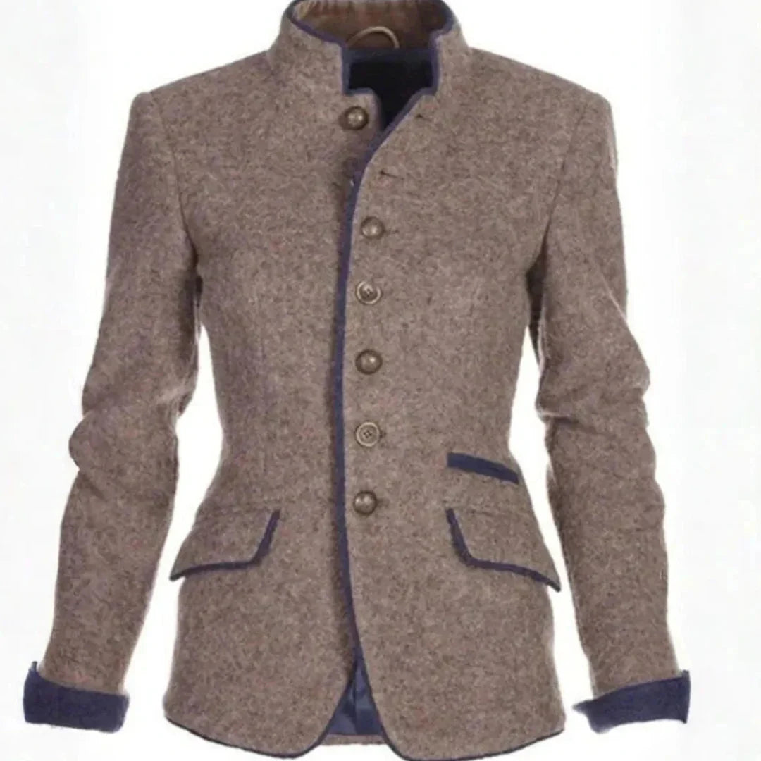 Blazer Femme Col Debout avec Bord Contrasté et Fermeture par Boutons Poches à Rabat Taille Cintrée