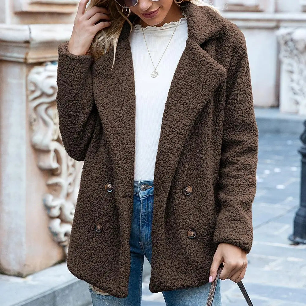 Manteau Teddy Femme Oversize Peluche À Double Boutonnage Mi Longueur Chaud Et Confortable