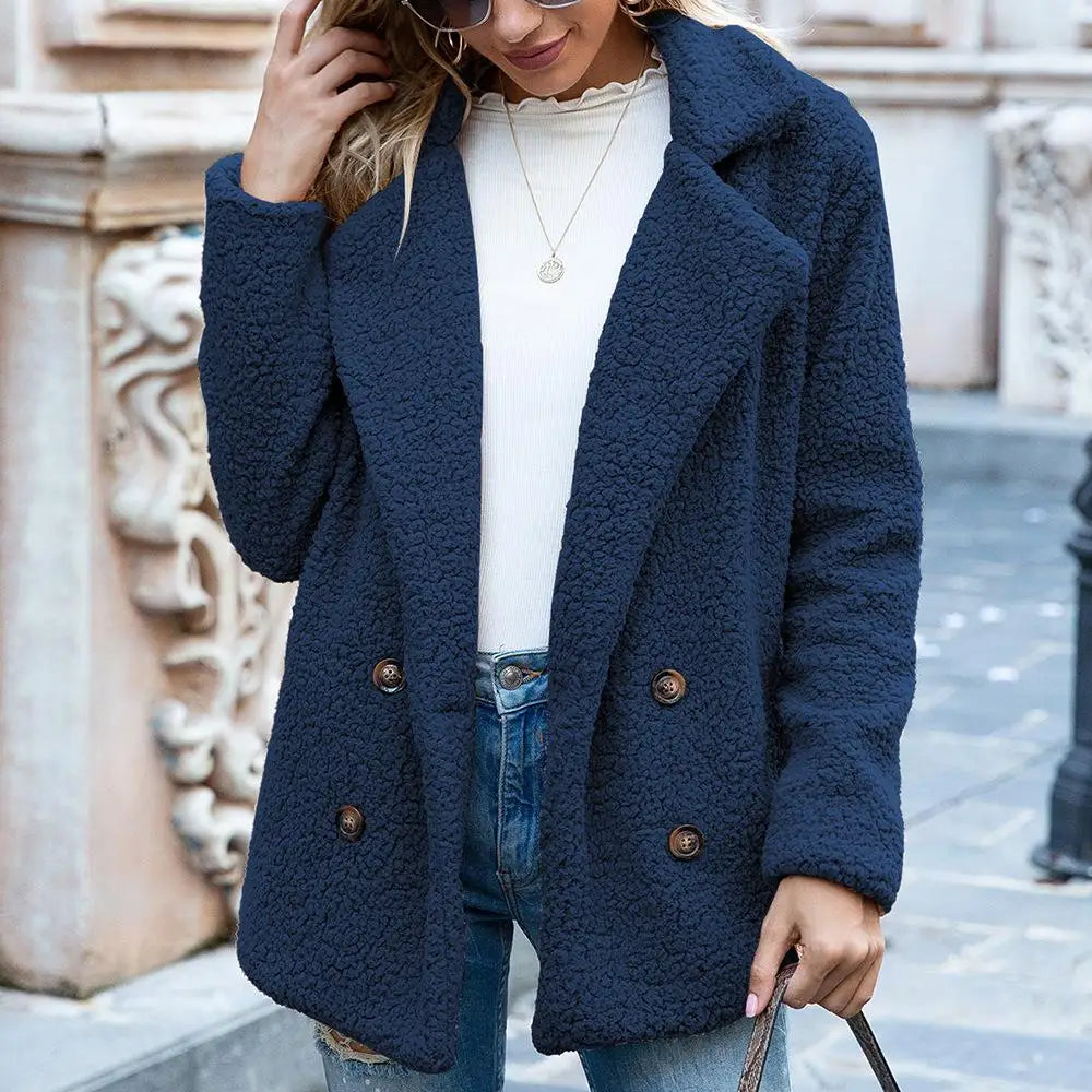 Manteau Teddy Femme Oversize Peluche À Double Boutonnage Mi Longueur Chaud Et Confortable