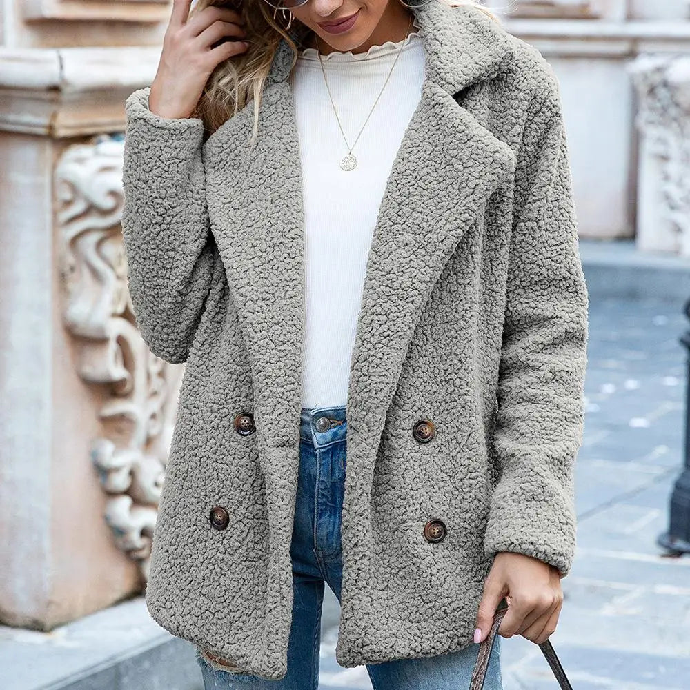 Manteau Teddy Femme Oversize Peluche À Double Boutonnage Mi Longueur Chaud Et Confortable