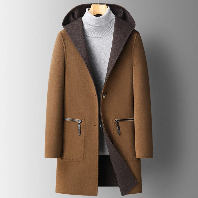 Manteau Long En Laine À Capuche Mélange Premium Pour Ville Élégant Et Confortable