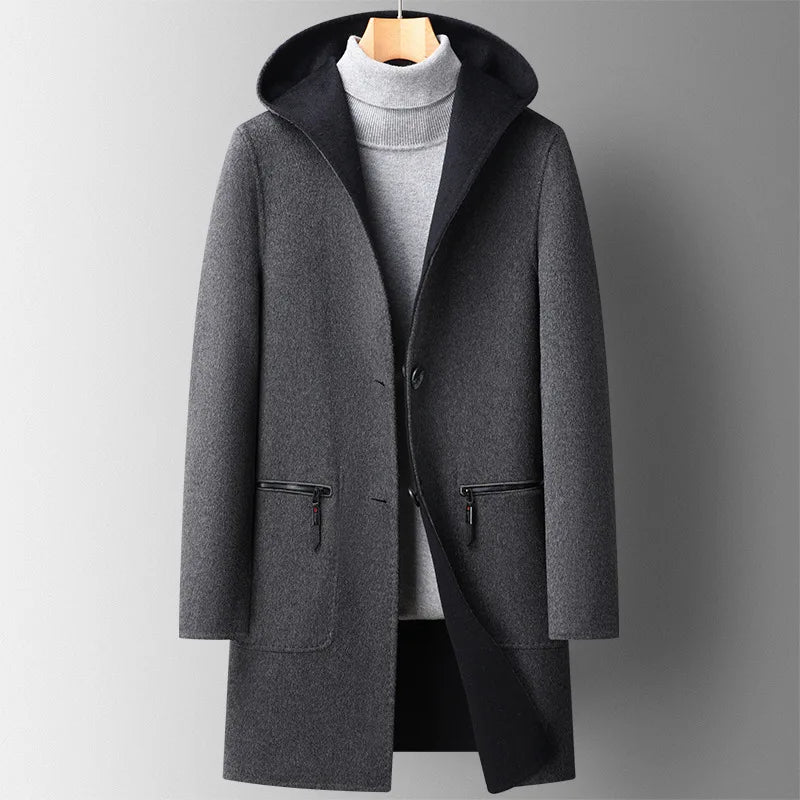 Manteau Long En Laine À Capuche Mélange Premium Pour Ville Élégant Et Confortable