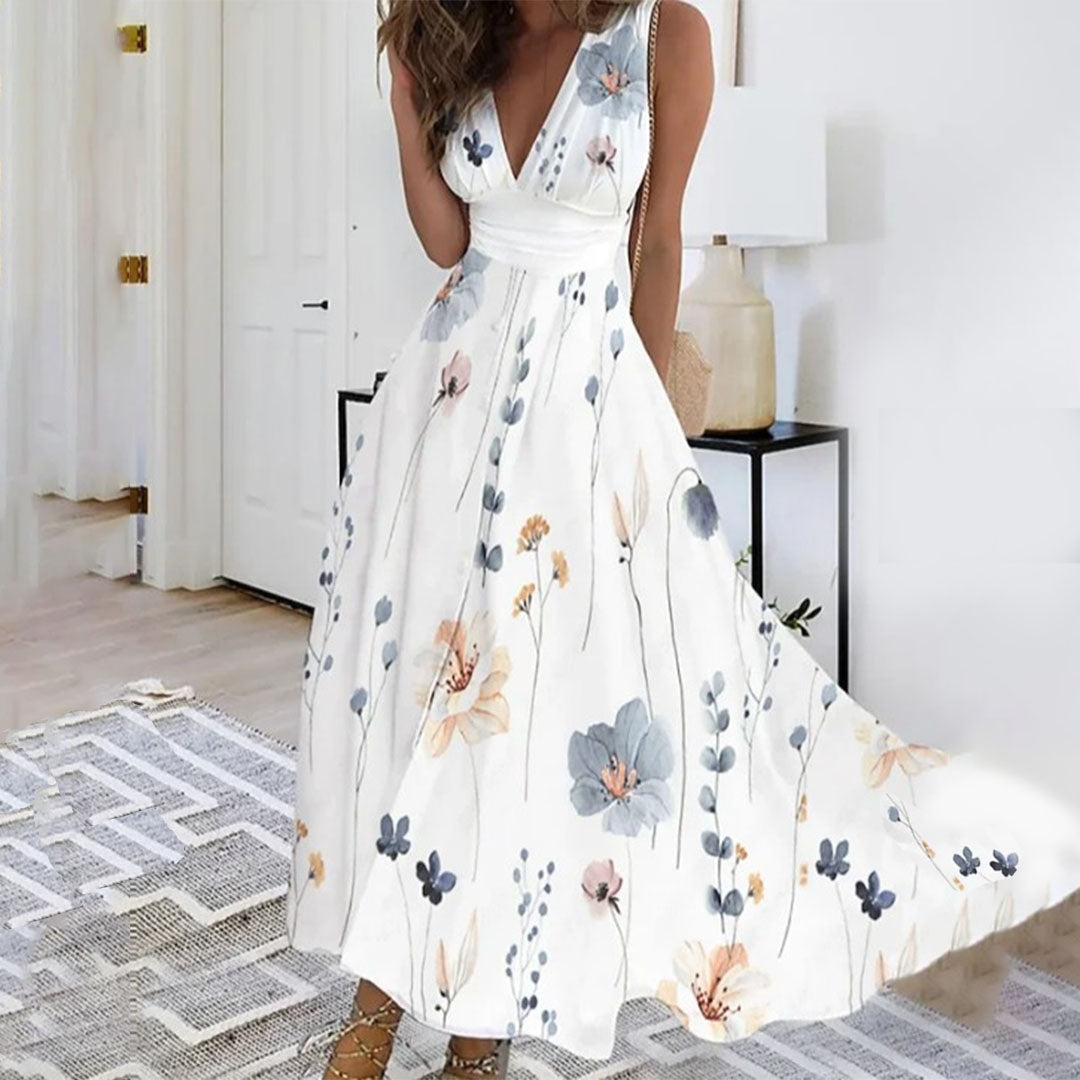 Robe Maxi Sans Manches Ivy Encolure V Motif Floral Bleu Élégante Et Moderne Pour Événements