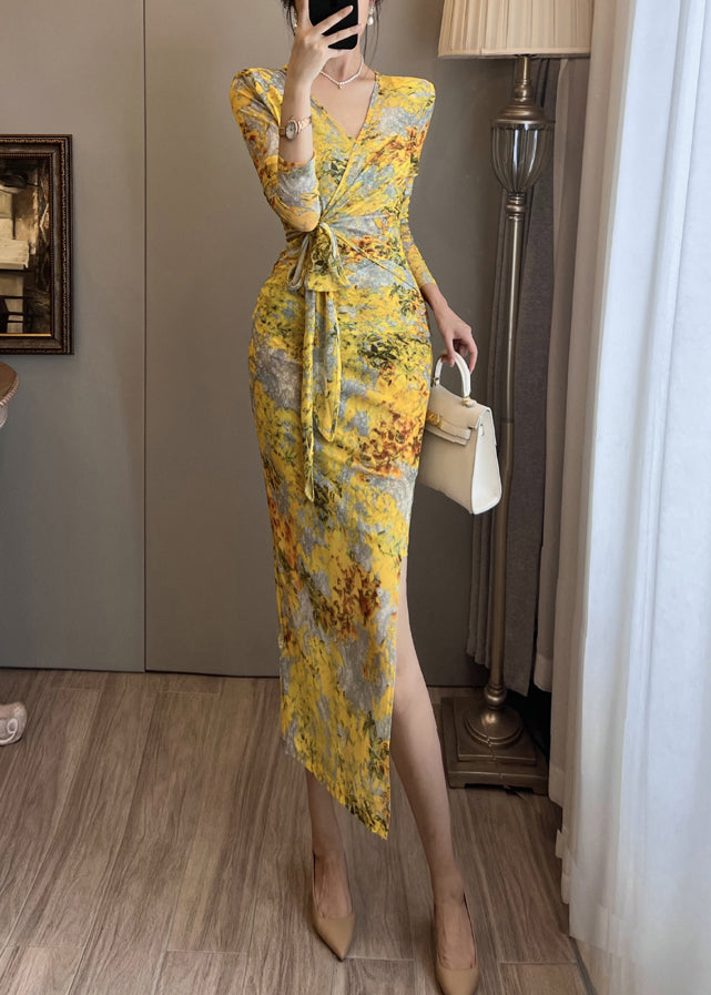 Robe de soirée en tulle imprimé jaune, ouverture latérale, été - Amawinc